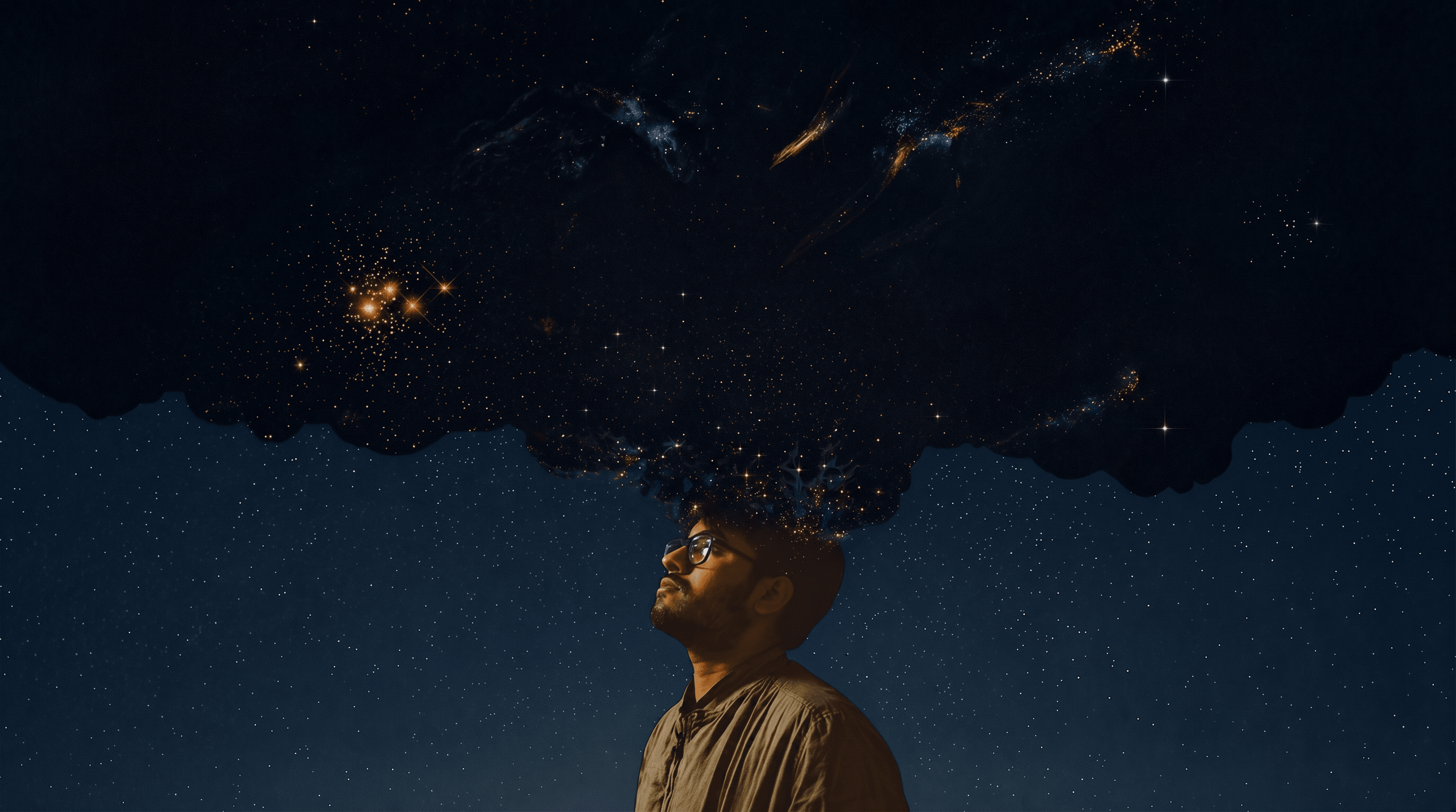 Space themed hero background — a man looking up at the sky with galaxies emerging